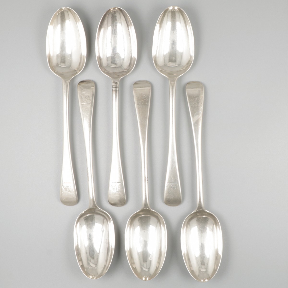6-delige set dinerlepels zilver.