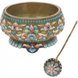 Zoutkelder cloisonne met lepel zilver.