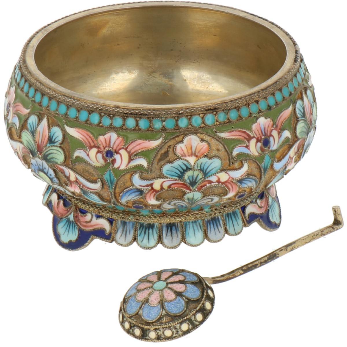 Zoutkelder cloisonne met lepel zilver.