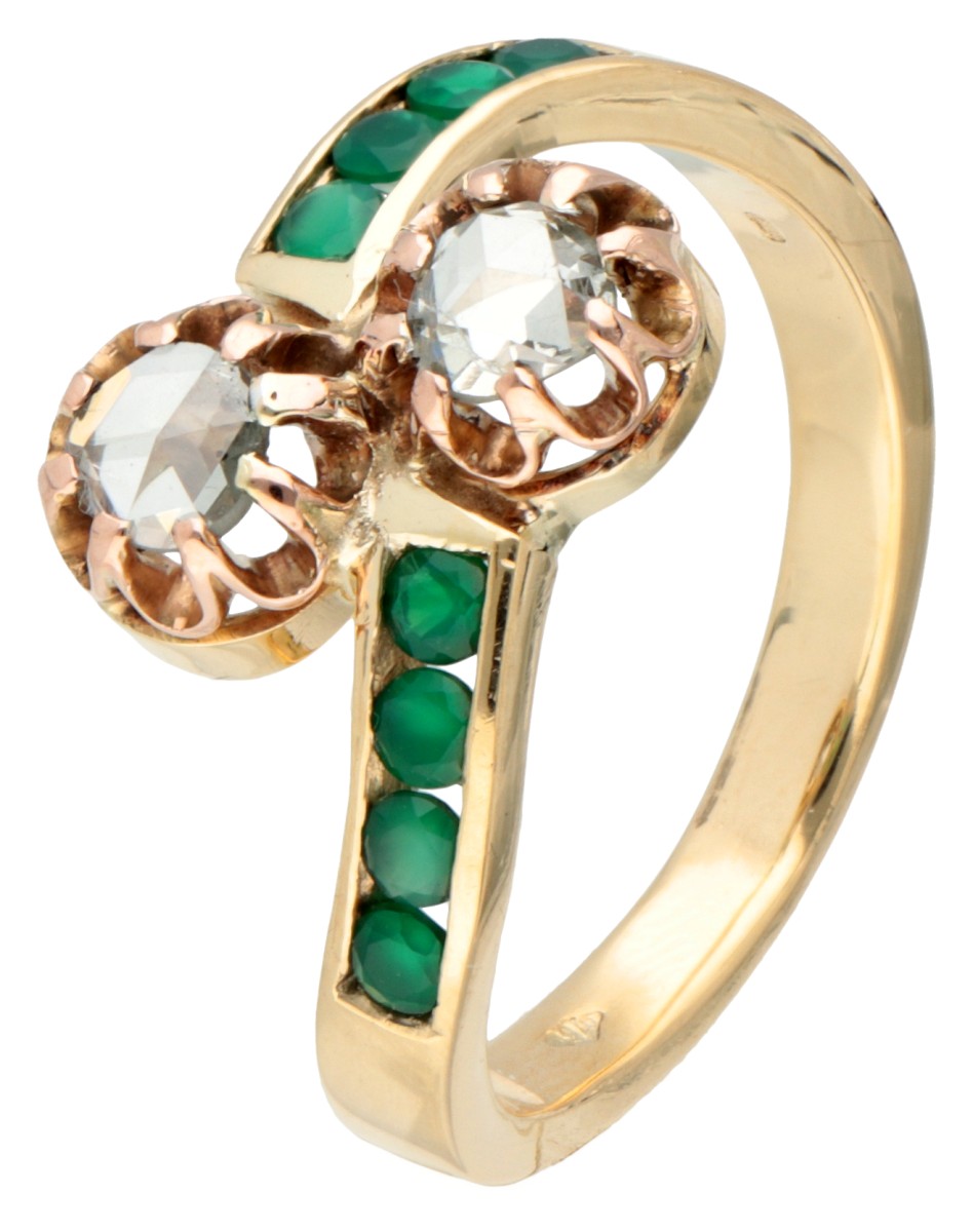 Vintage 18 kt. geelgouden toi et moi ring bezet met diamant en chrysopraas.