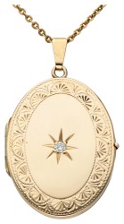 Vintage 14 kt. geelgouden collier met medaillon hanger bezet met ca. 0.05 ct. diamant.