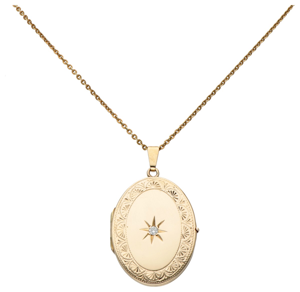 Vintage 14 kt. geelgouden collier met medaillon hanger bezet met ca. 0.05 ct. diamant.