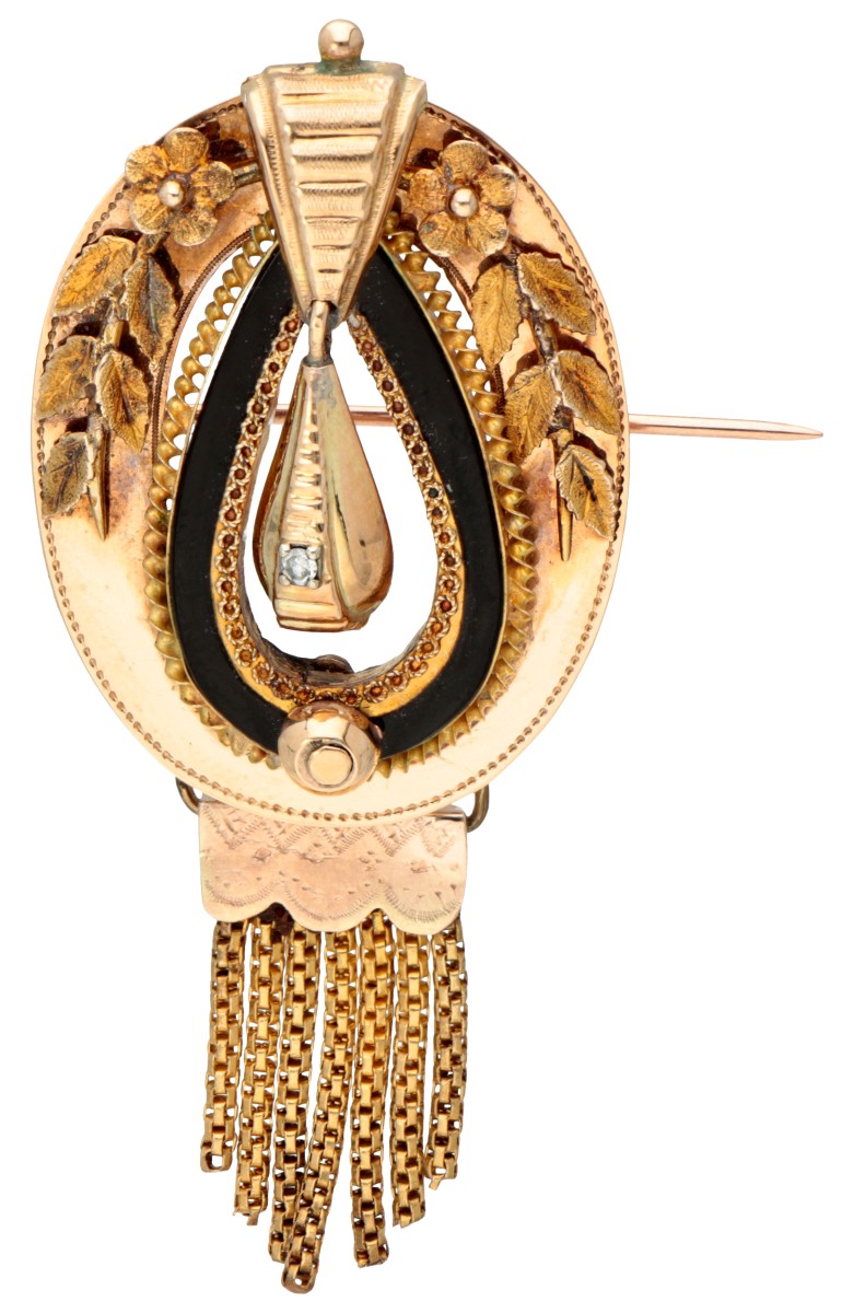 Antieke 14K bicolour gouden broche met florale details en 'baardje'.