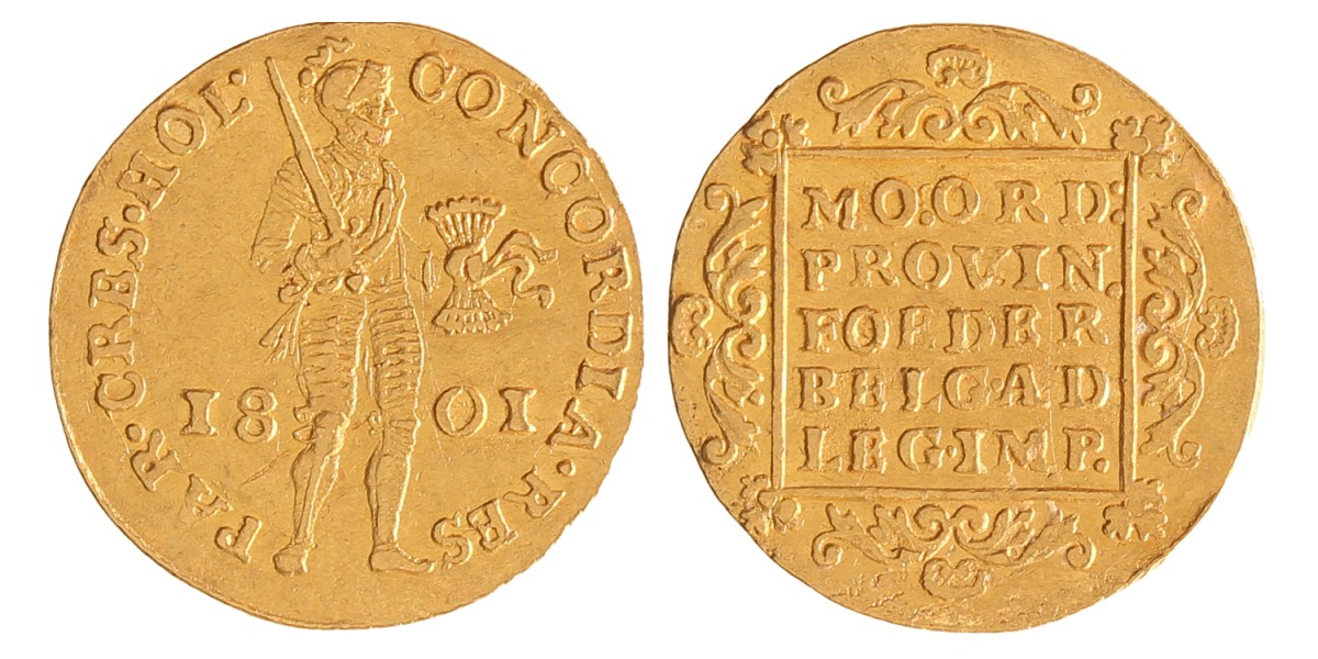 Gouden dukaat. Holland. 1801. Zeer Fraai +.