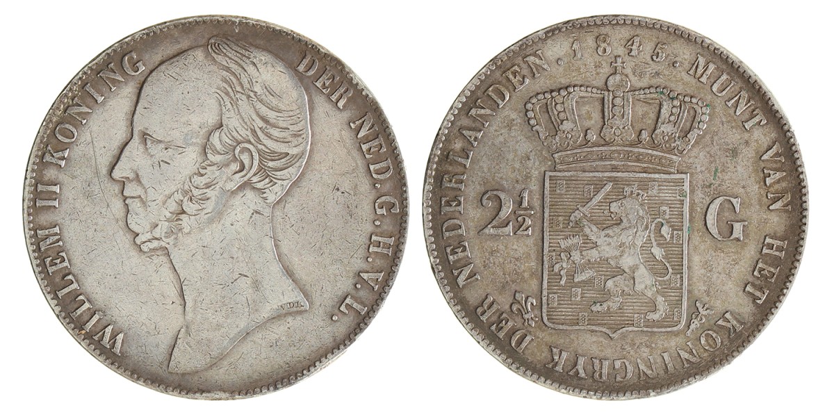 2½ gulden. Willem II. 1845 met streep. Zeer Fraai.