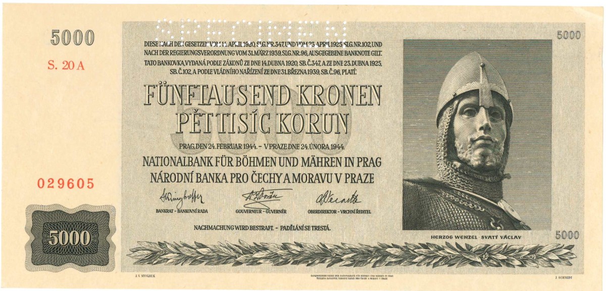 Czechoslovakia. 5000 korun. Banknote. Type 1944. - About UNC.