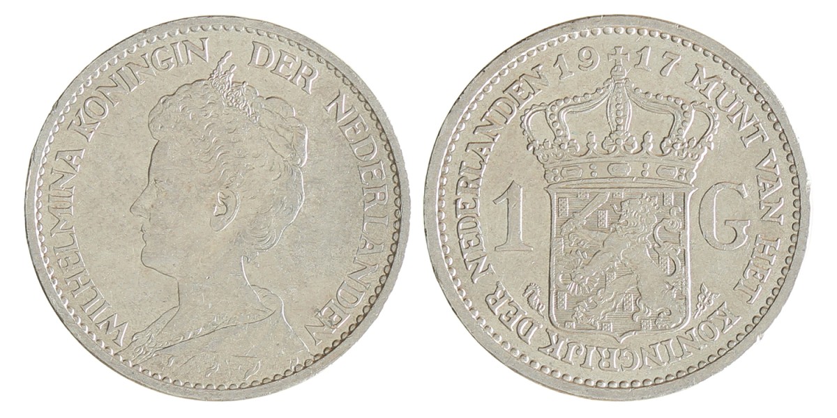 1 gulden. Wilhelmina. 1917. Zeer Fraai / Prachtig.