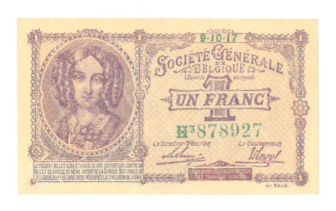 Belgium. 1 franc. Banknote. Type 1917. - UNC.