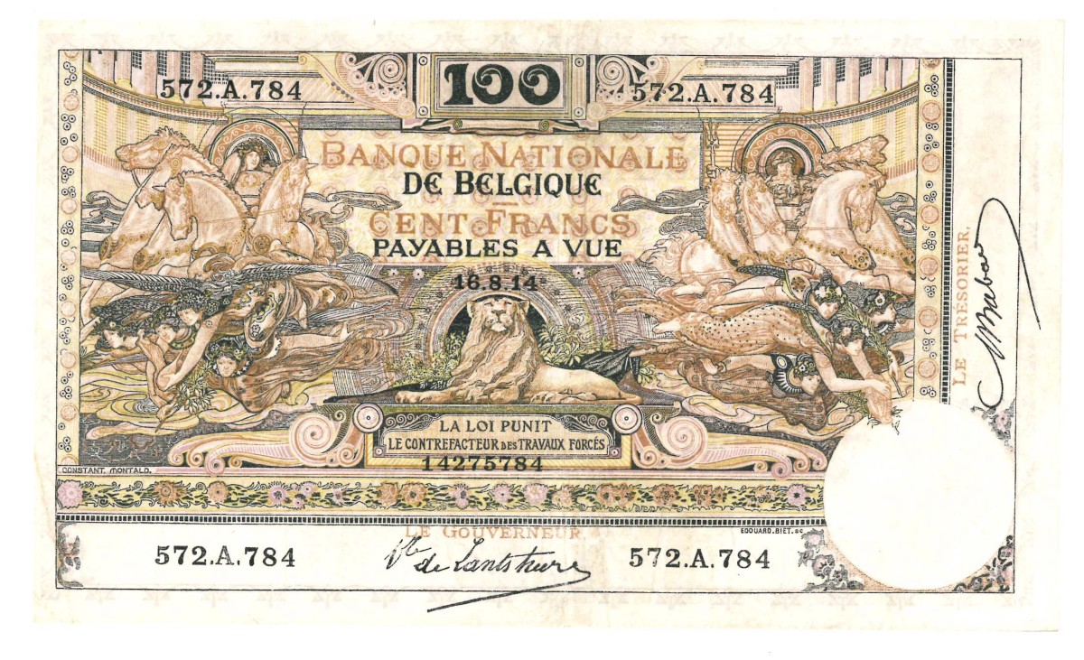 Belgium. 100 francs. Banknote. Type 1914. - Very fine.
