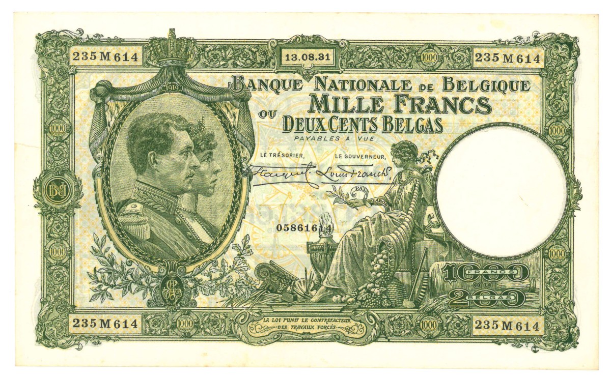 Belgium. 1000 francs. Banknote. Type 1931. - Very fine +.