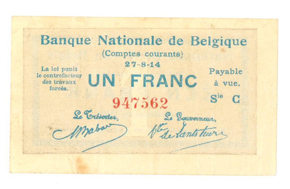 Belgium. 1 franc. Banknote. Type 1914. - Very fine.