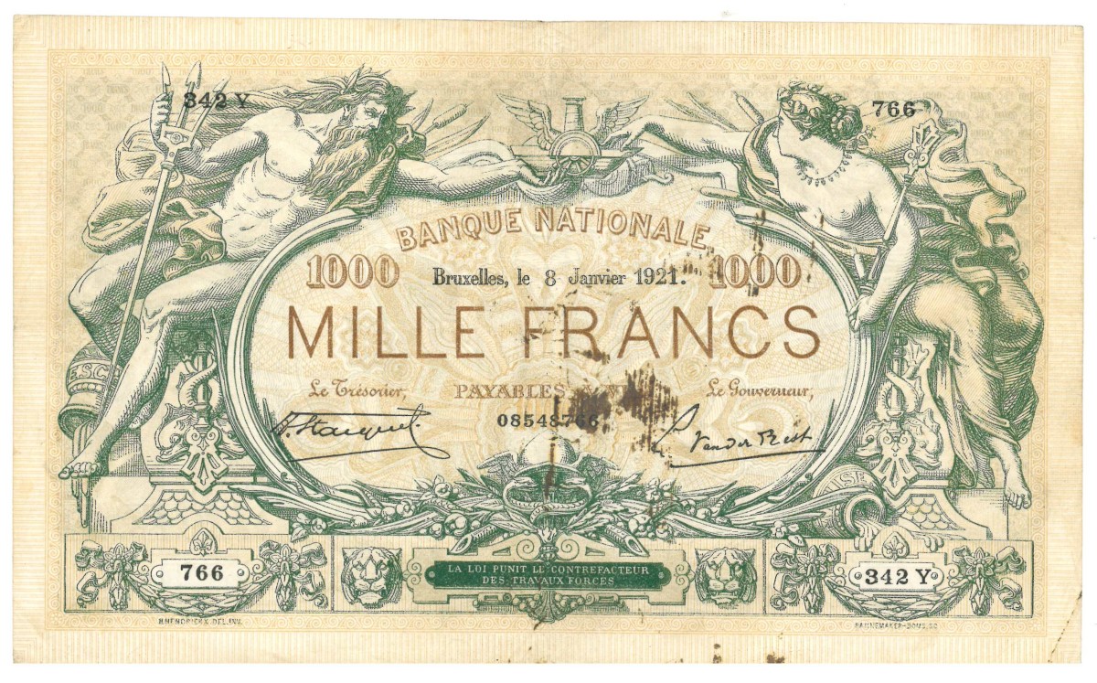 Belgium. 1000 francs. Banknote. Type 1921. - Very fine -.