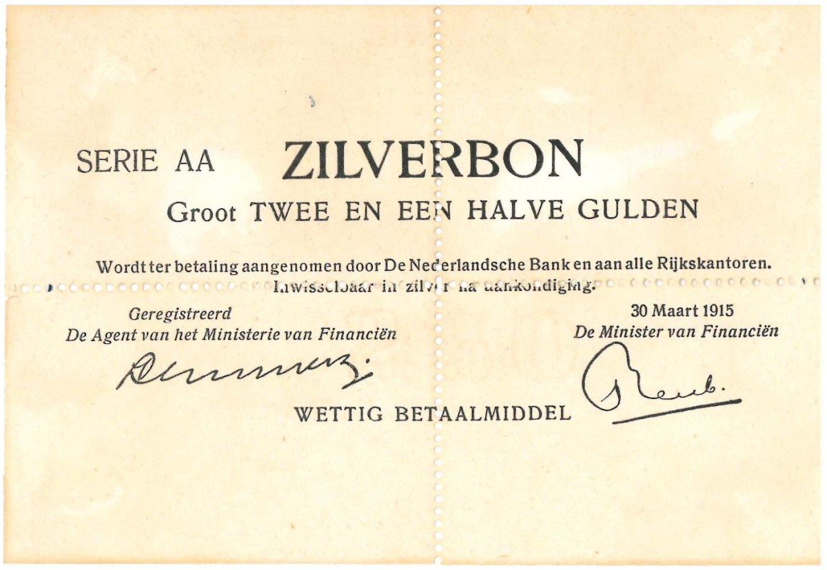 Nederland. 2½ gulden. Zilverbon. Type 1915. - UNC.