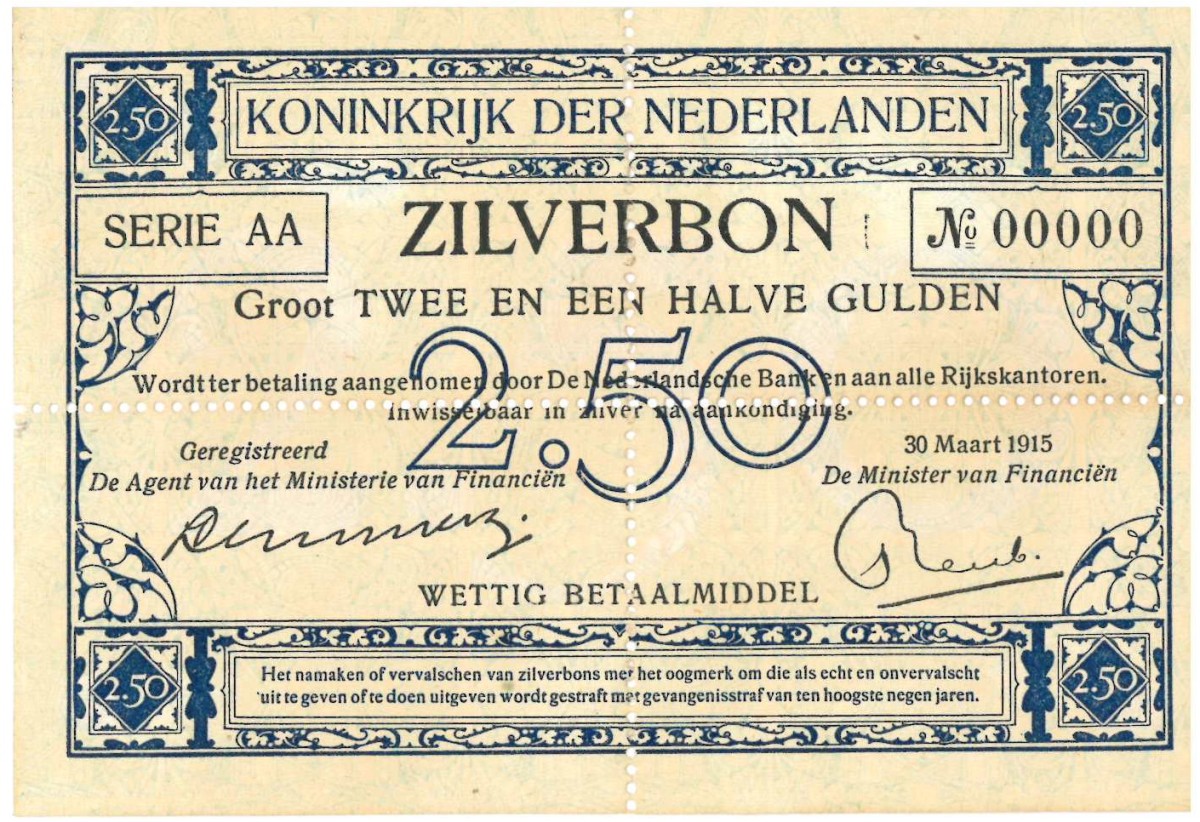 Nederland. 2½ gulden. Zilverbon. Type 1915. - UNC.