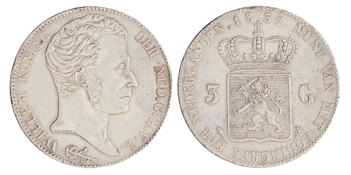 3 gulden. Willem I. 1832/24. Zeer Fraai +.