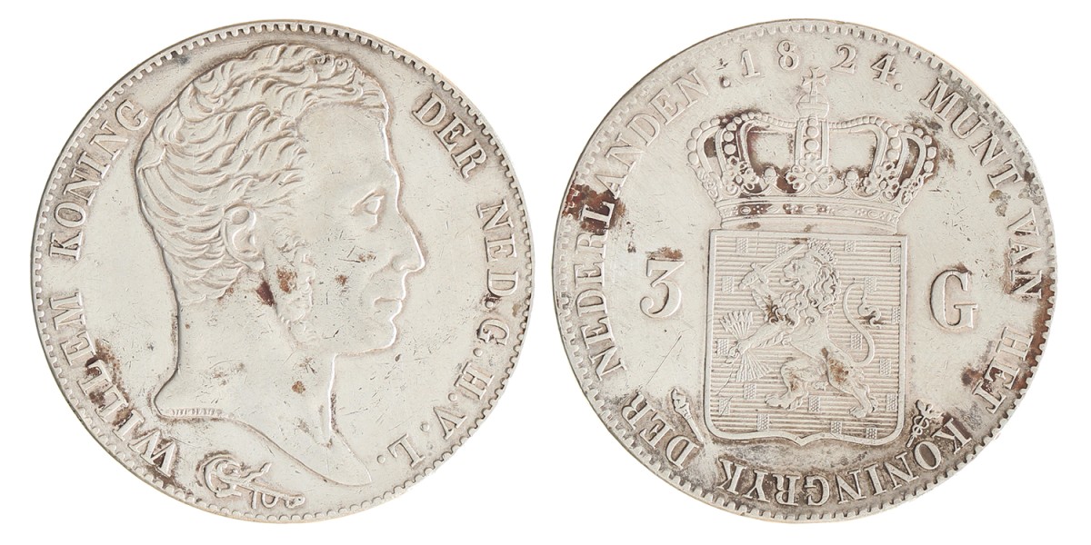 3 gulden. Willem I. 1824 U. Zeer Fraai +.