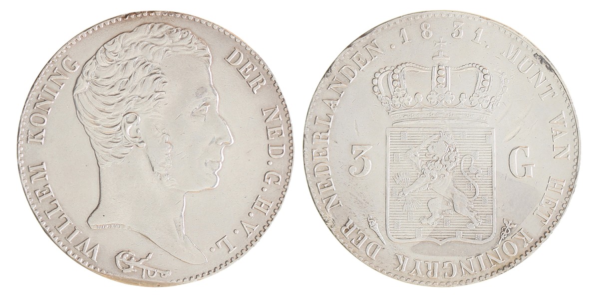 3 gulden. Willem I. 1831/21 streep. Zeer Fraai +.