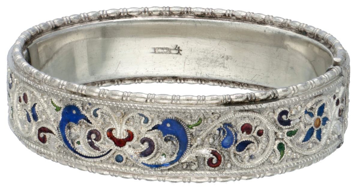 Antieke 800 zilveren bangle armband met kleurrijke emaille door Oostenrijkse edelsmid Georg Adam Scheid.