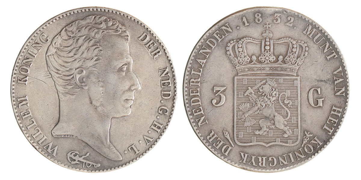 3 gulden. Willem I. 1832/24. Zeer Fraai +.