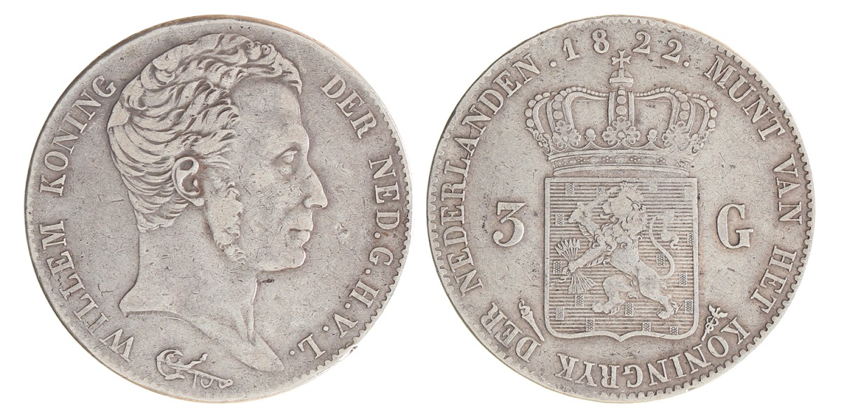 3 gulden. Willem I. 1822 zonder volledige naam van Michaut. Zeer Fraai -.