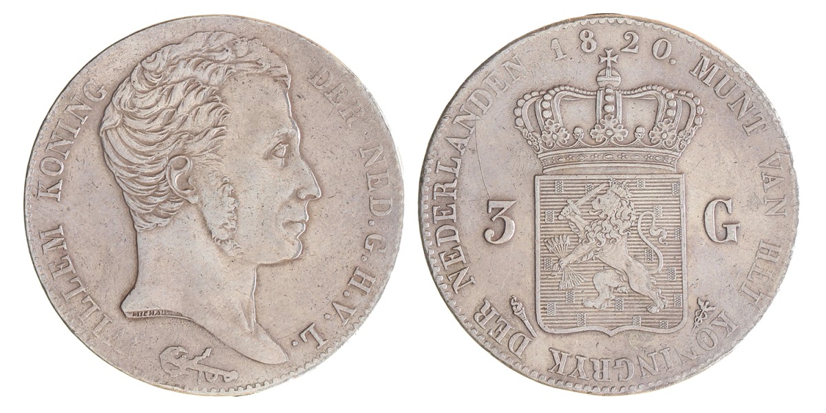 3 gulden. Willem I. 1820 U. Zeer Fraai.