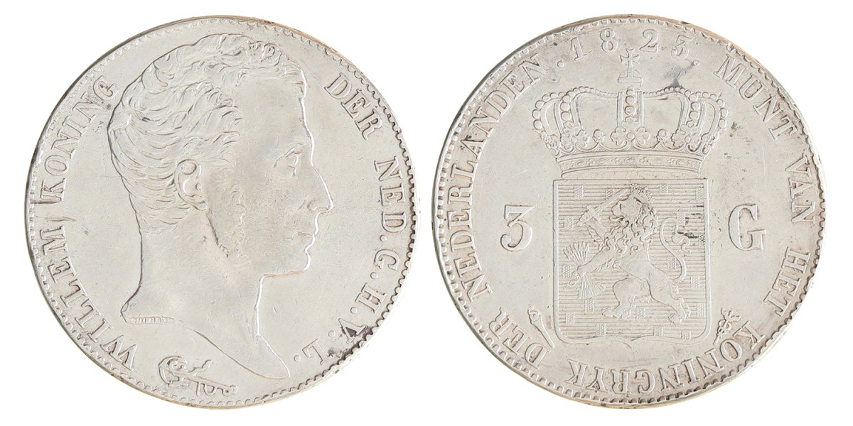 3 gulden. Willem I. 1823 U. Zeer Fraai +.