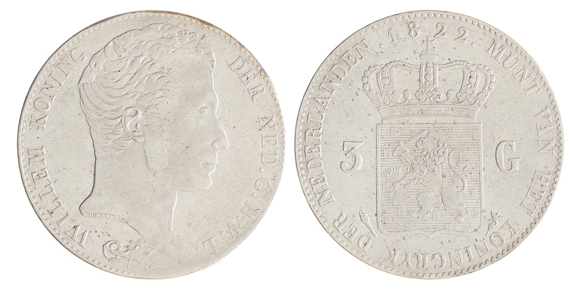 3 gulden. Willem I. 1822 U. Zeer Fraai.