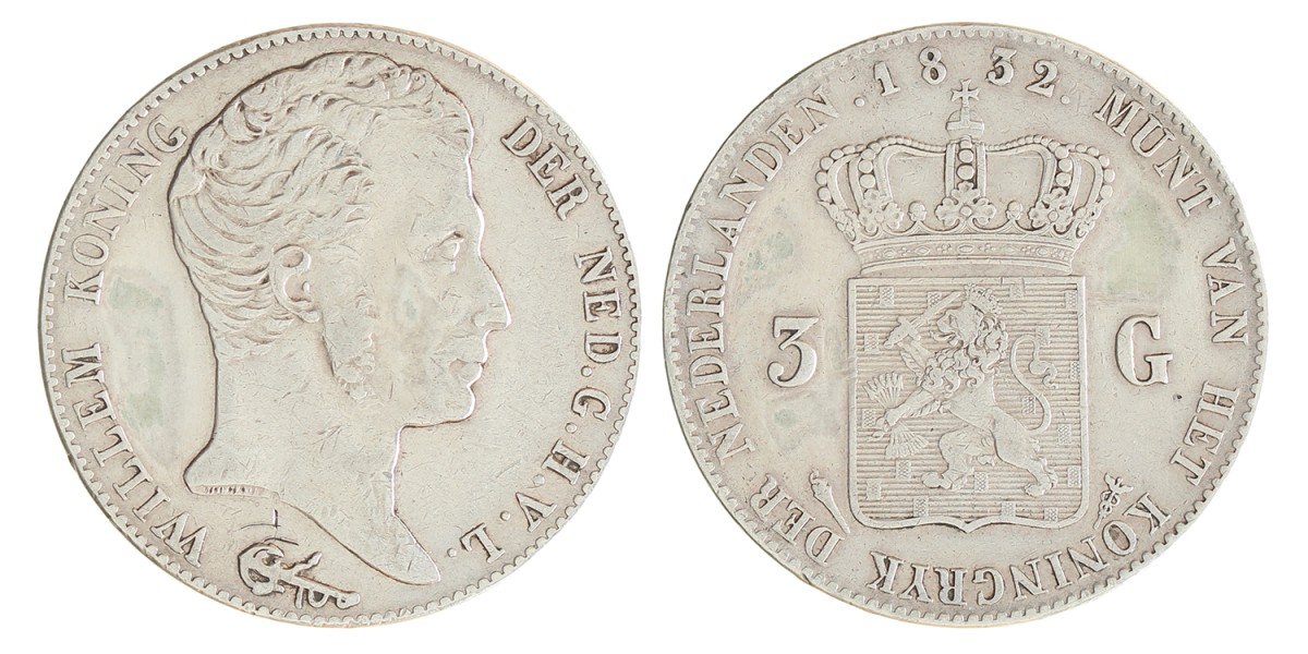 3 gulden. Willem I. 1832/24. Zeer Fraai -.