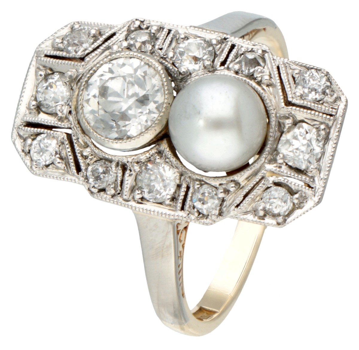 14 kt. Geelgouden / platina art deco ring bezet met ca. 0.95 ct. diamant en parel.