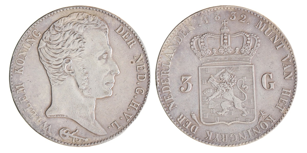 3 gulden. Willem I. 1832/24. Zeer Fraai / Prachtig.