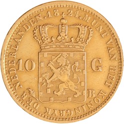 10 gulden. Willem I. 1824 B. Zeer Fraai +.