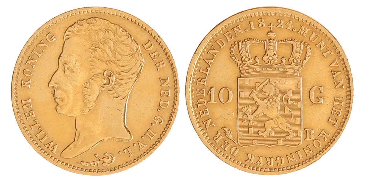 10 gulden. Willem I. 1824 B. Zeer Fraai +.