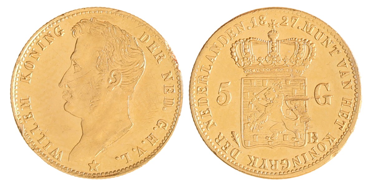 5 gulden. Willem I. 1827 B. Zeer Fraai +.