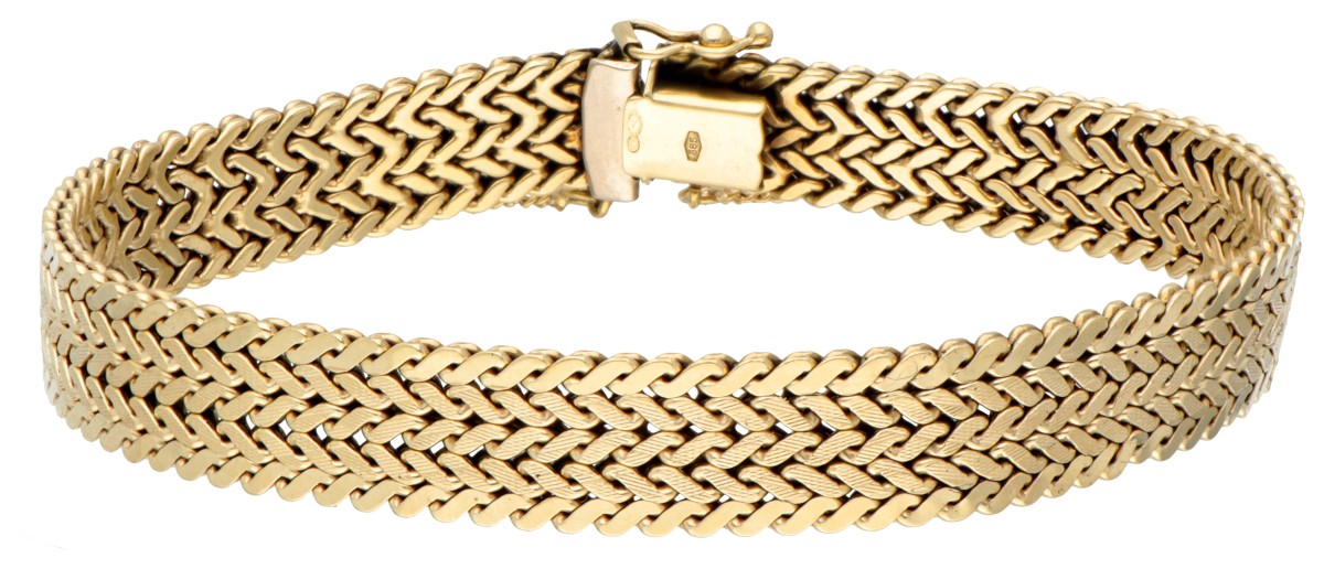 14 kt. Geelgouden gevlochten schakelarmband.