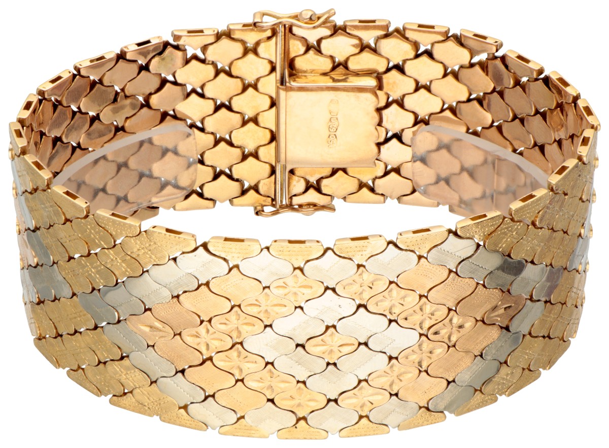 Retro 14 kt. tricolor gouden brede flexibele Italiaanse design armband.