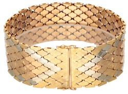 Retro 14 kt. tricolor gouden brede flexibele Italiaanse design armband.