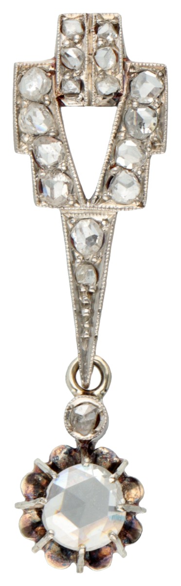 14 kt. Bicolor gouden art deco hanger bezet met roos geslepen diamanten.