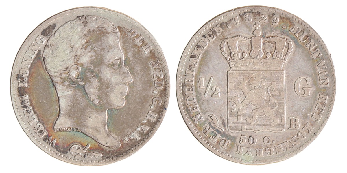 ½ gulden. Willem I. 1829 B. Fraai / Zeer Fraai.