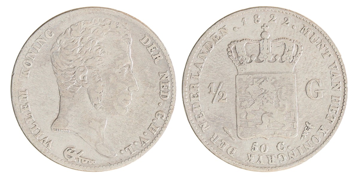 ½ gulden. Willem I. 1822 U zonder naam van Michaut. Fraai / Zeer Fraai.