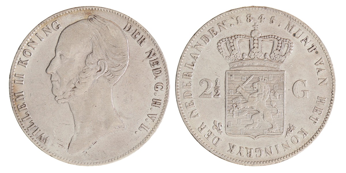 2½ gulden. Willem II. 1845 met streep. Zeer Fraai.