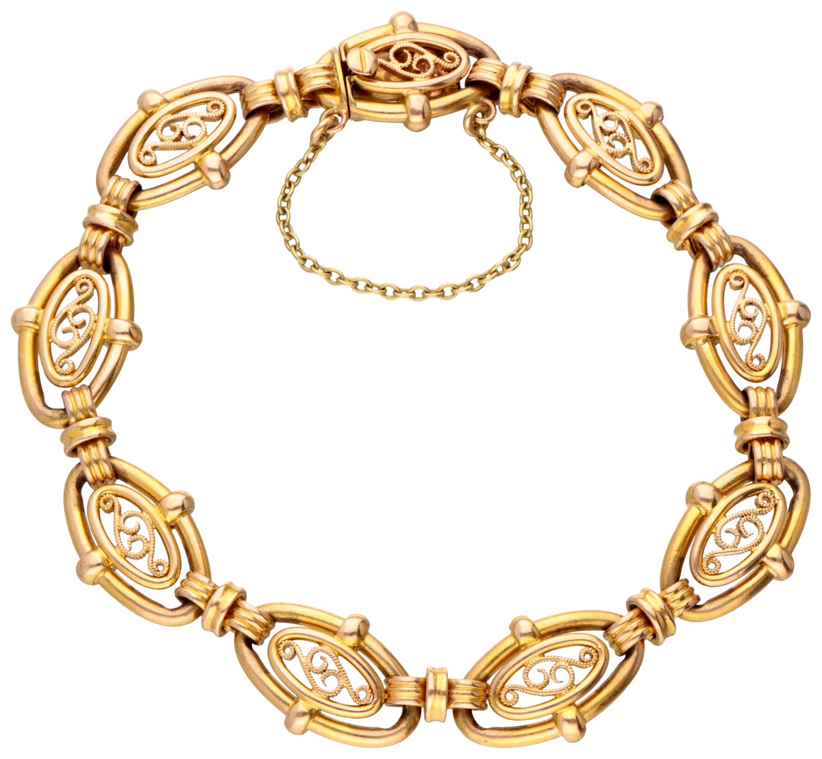 Franse antieke 18 kt. geelgouden armband met sierlijk filigrain schakels.