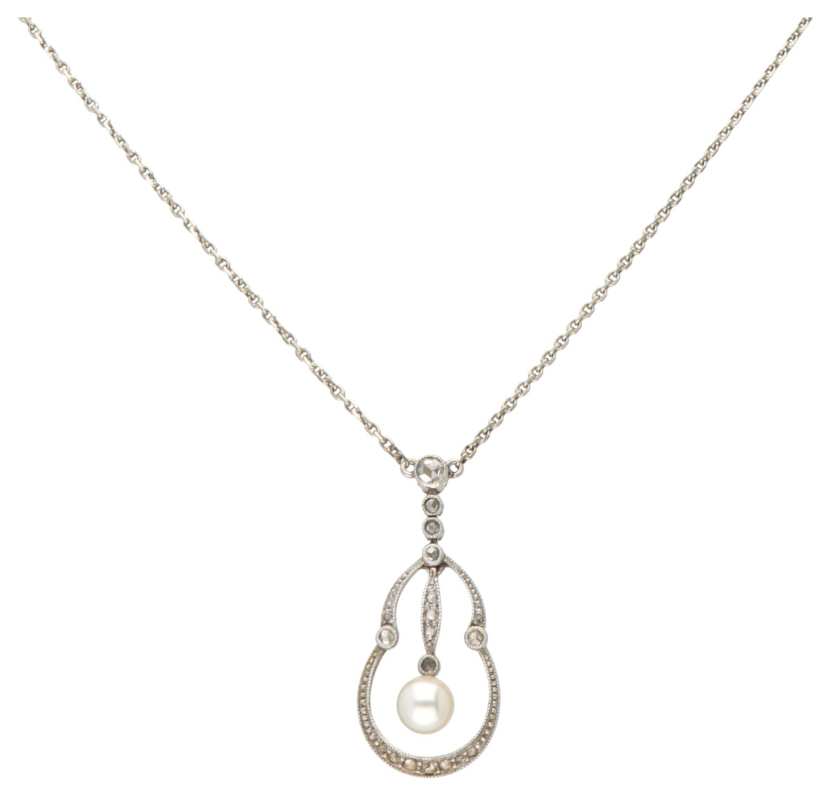 14 kt. Witgouden collier met art nouveau hanger bezet met diamant en parel.