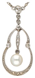 14 kt. Witgouden collier met art nouveau hanger bezet met diamant en parel.