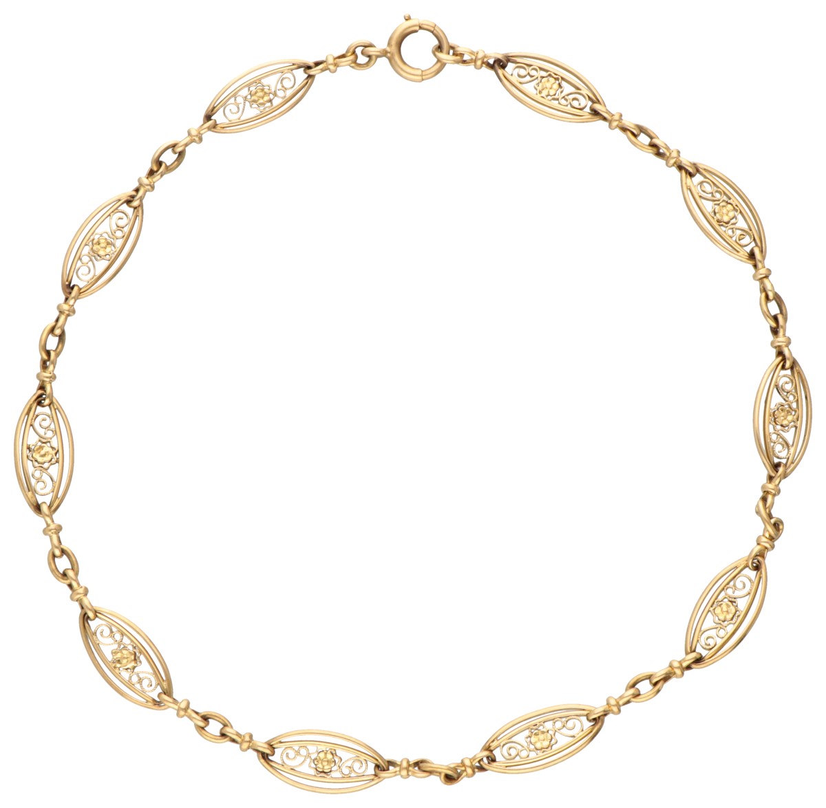 Franse antiek 18 kt. geelgouden horlogeketting met sierlijke filigrain schakels.