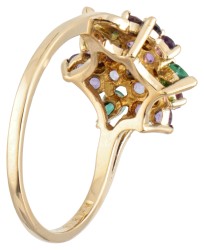 18 kt. Geelgouden Franklin Mint ring bezet met diamant, smaragd en amethist.