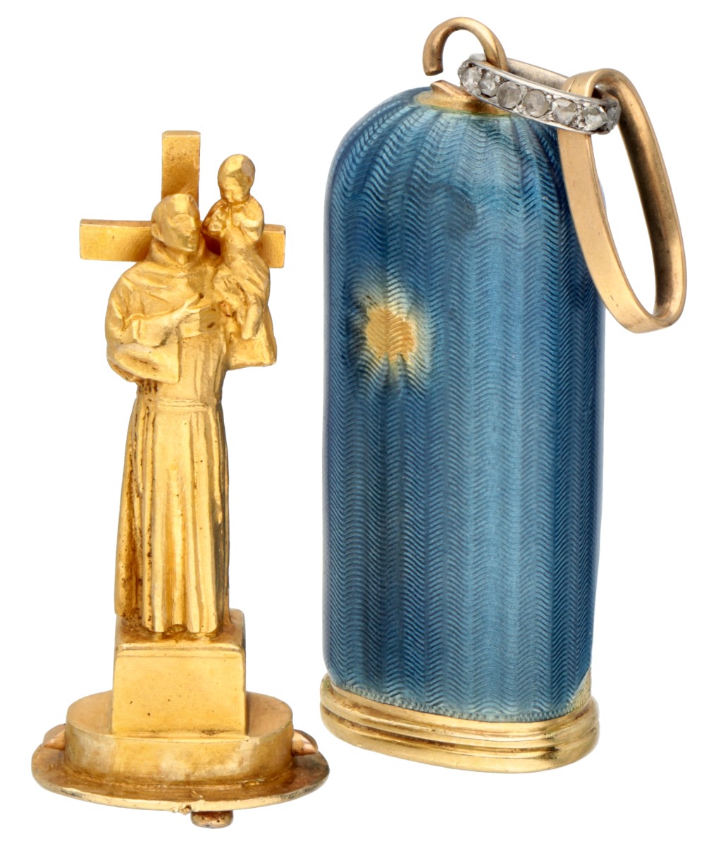 Franse geguillocheerde 18 kt. geelgouden reliekschrijn-hanger met miniatuur van St. Antonius van Padua, gebeeldhouwd door J. Dampt.