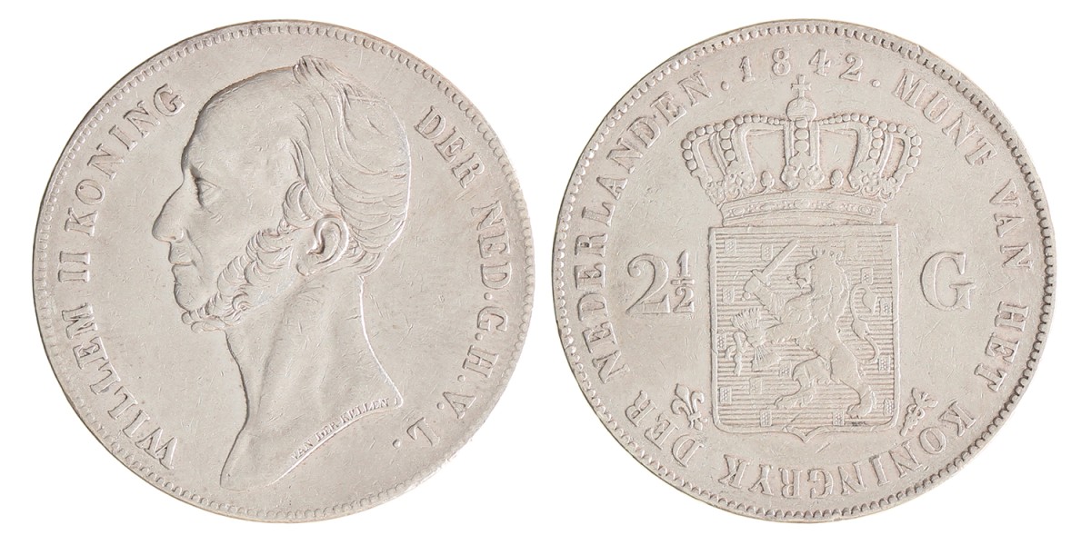 2½ gulden. Willem II. 1842. Zeer Fraai +.