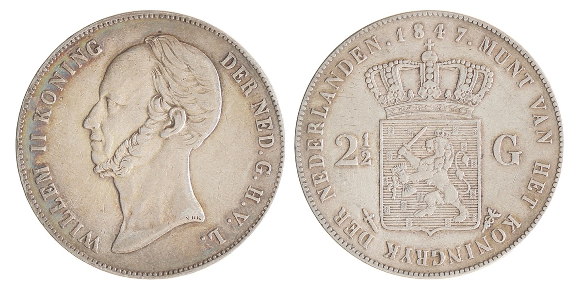 2½ gulden. Willem II. 1847. Zeer Fraai +.