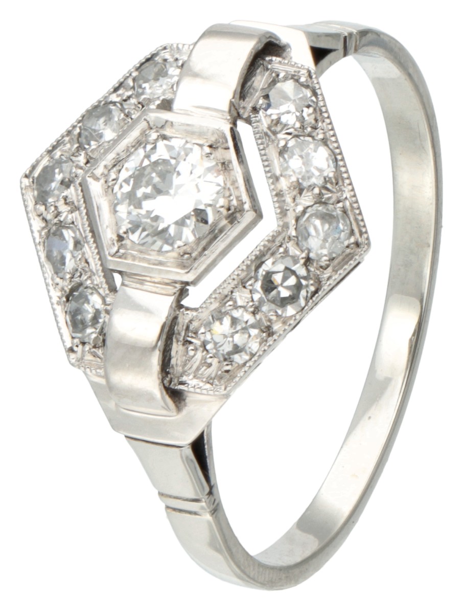 18 kt. Witgouden art deco ring bezet met ca. 0.43 ct. diamant.