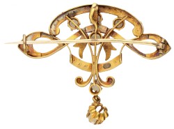 Antieke 18 kt. geelgouden broche bezet met zaadparels.